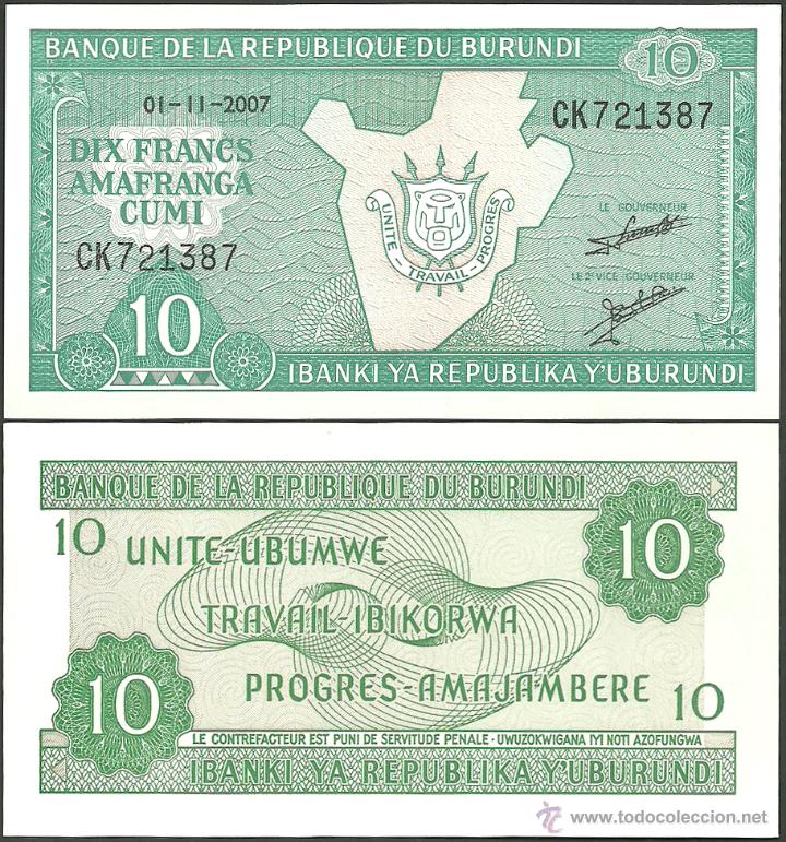 Billetes extranjeros: Burundi  10 francos 2007 Pick#33e  SC - Foto 1