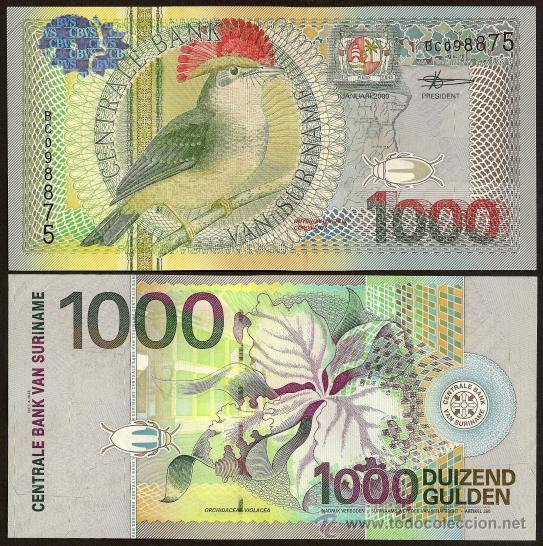 Billetes extranjeros: SURINAM (SURINAME). 1000 guldens 1.1.2000. Pick 151. S/C. Bonito. Pajaro