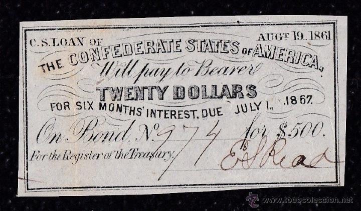 Billetes extranjeros: RAROS 20 DOLARES CONFEDERADOS 1861, FIRMADOS Y FECHA A MANO, ESTADO EXCELENTE