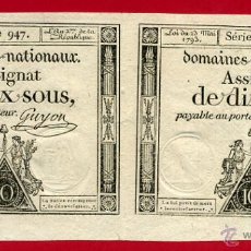 Billetes extranjeros: BILLETE FRANCIA, 2 BILLETES , DOMAINES NATIONAUX ASSIGNAT DE DIX SOUS 1793 , EBC+ , ORIGINAL , T7