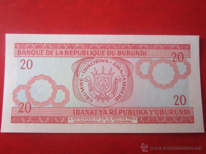 Billetes extranjeros: Burundi. billete de 20 francos. 2005 - Foto 2