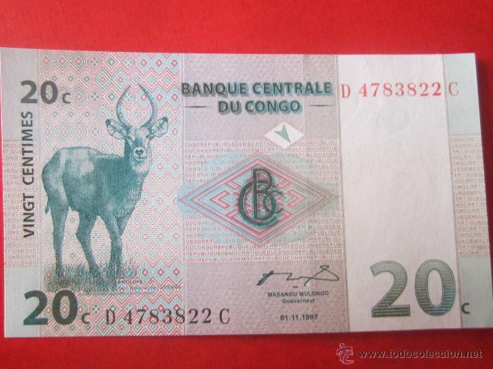 Billetes extranjeros: Congo. billete de 20 centimos. 1997 - Foto 1
