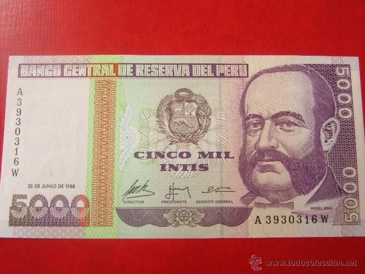 Billetes extranjeros: Peru. billete de 5000 intis. 1988 - Foto 1