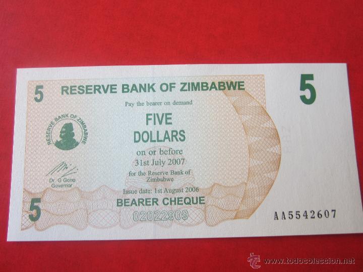Billetes extranjeros: Zimbabwe. billete de 5 dollars. 2007 - Foto 1