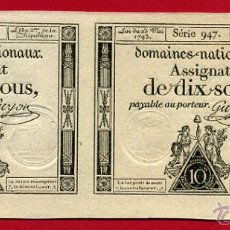 Billetes extranjeros: BILLETE FRANCIA , 2 BILLETES , DOMAINES NATIONAUX ASSIGNAT DE DIX SOUX 1793 , EBC+ , ORIGINAL , T16