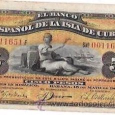 Billetes extranjeros: BILLETE DE 5 PESOS. 1896. BANCO ESPAÑOL DE LA ISLA DE CUBA. SIN CERTIFICADO PLATA.