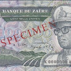 Billetes extranjeros: BILLETES - ZAIRE - 100.000 ZAIRES 1992 - SERIE K-A - PICK-41S - SPECIMEN Nº 0930