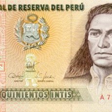 Billetes extranjeros: 500 INTIS, 26 DE JUNIO DE 1987, PERU, SIN CIRCULAR UNC. Lote 185145883
