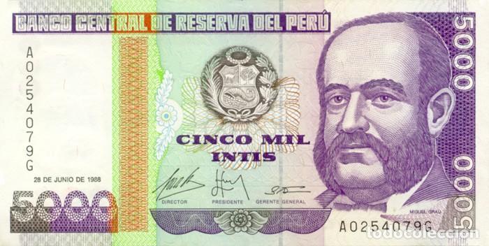 Billetes extranjeros: 5000 INTIS, 28 DE JUNIO DE 1988, IMPRESOR IPS, PERU, SIN CIRCULAR UNC - Foto 1