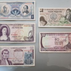 Billetes extranjeros: LOTE 5 BILLETES COLOMBIA 1-2-10-20-50 PESOS AÑOS 70'. Lote 140711622