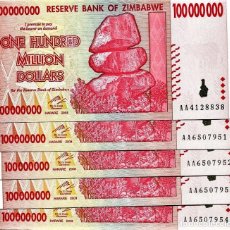 Billetes extranjeros: ZIMBABWE 100000000 (100 MILLION) DOLLARS 2008 P-80 UNC LOT 5 PCS