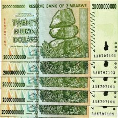 Billetes extranjeros: ZIMBABWE 20000000000 (20 BILLION) DOLLARS 2008 P-86 UNC LOT 5 PCS