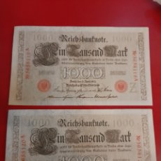 Billetes extranjeros: 1910 ALEMANIA PAREJA CORRELATIVO 1000 MARCOS PRIMERA GUERRA MUNDIAL BERLIN. Lote 178042648