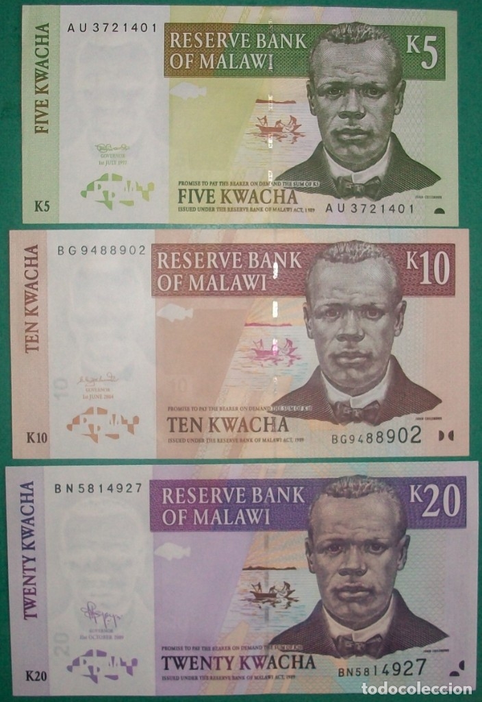 Billetes extranjeros: MALAWI. Lote/Set 3 billetes: 5, 10 y 20 Kwacha. 1997-2009. EBC a SC/UNC - Foto 1 - 182596650