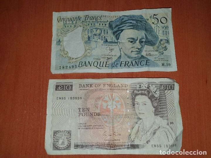 Billetes extranjeros: Billete de ten pounds ingles y de 50 francs frances, usados pero bien
