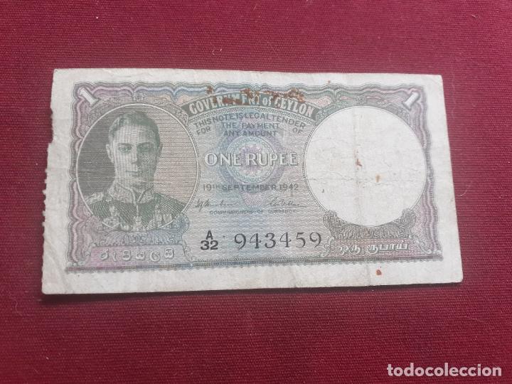 Billetes extranjeros: Ceyl&aacute;n, Ceylon. One rupee / rupia 1942