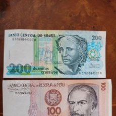 Billetes extranjeros: PERÚ 100 INTIS BRASIL 200 CRUCEIROS. Lote 233953875
