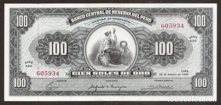 PERU. 100 SOLES DE ORO 20.8.1965. PICK 90. S/C (Numismática - Notafilia - Billetes Internacionales)