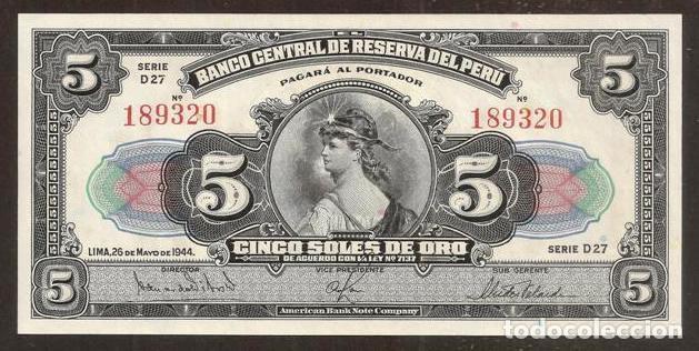 Billetes extranjeros: PERU. Bonito 5 soles 26.5.1944. Pick 66A. S/C - Foto 1 - 238596470