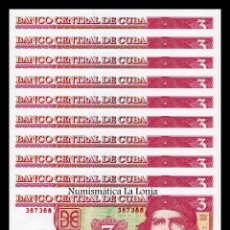Billetes extranjeros: CUBA LOTE 10 BILLETES 3 PESOS CHE GUEVARA 2005 PICK 127B SC UNC. Lote 380477844