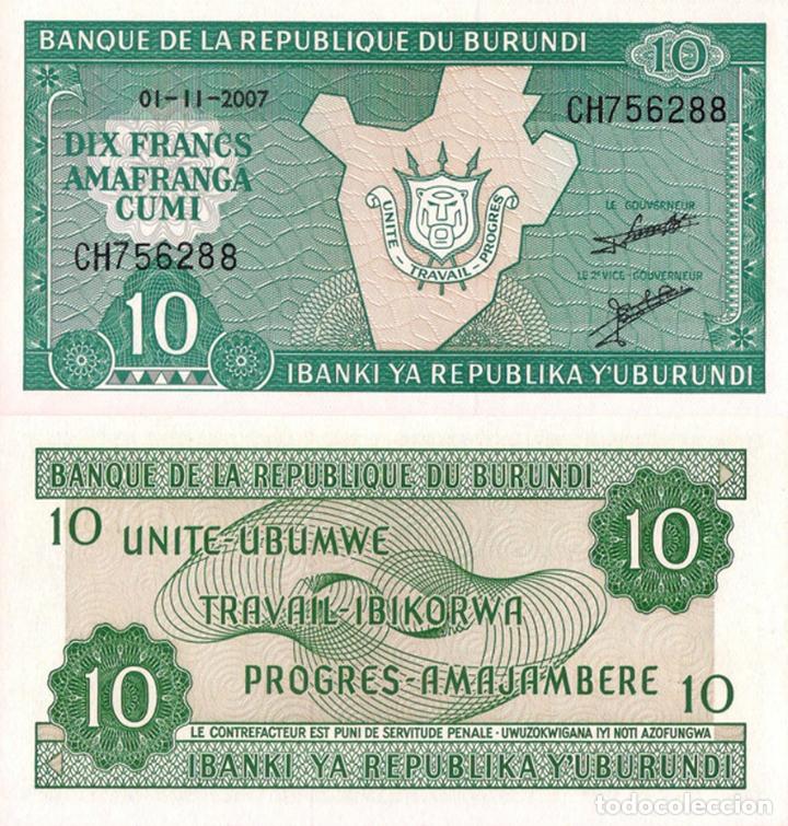 Billetes extranjeros: BURUNDI, 10 FRANCS, 2007, P33f, UNC - Foto 1