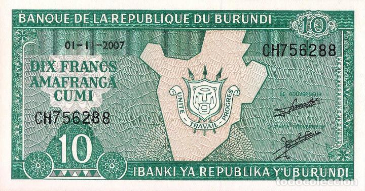 Billetes extranjeros: BURUNDI, 10 FRANCS, 2007, P33f, UNC - Foto 2