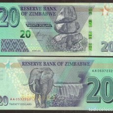 Billetes extranjeros: ZIMBABWE. 20 DOLLARS 2020. S/C. FAUNA, ELEFANTE.. Lote 364321711