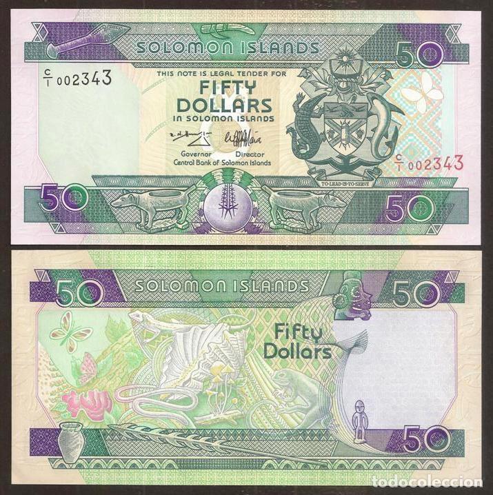 Billetes extranjeros: Islas Salomon (Solomon). 50 $ S/F(1996). Prefijo C/1. Pick 22. S/C. Fauna. Tama&ntilde;o 80 x 160 mm.