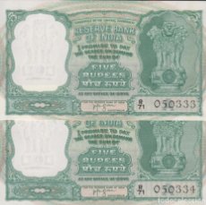 Billetes extranjeros: BILLETES - INDIA - 5 RUPIAS (1957-62) SERIE R/71-050333-4 PAREJA CORRELATIVA- PICK-35B (SC)