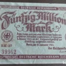 Billetes extranjeros: ALEMANIA (BERLÍN) DEUTSCHE REICHSBAHN 50 MILLONES MARCOS 1923 MBC. Lote 262999840
