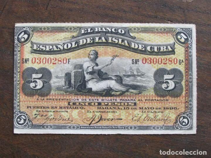 Billetes extranjeros: CUBA , 5 PESOS DE 1896 , DOBLEZ CENTRAL - Foto 1