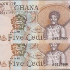 Billetes extranjeros: BILLETES - GHANA - 5 CEDIS 1977. - SERIE Z/99-2217965-6 REPLACEMENT- PAREJA CORREL. - PICK-15B (SC)