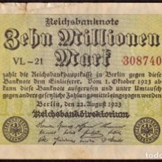Billetes extranjeros: 10 MILLONES DE MARCOS (MARK) - 22/08/1923 - P#106A - ALEMANIA (REP. WEIMAR) - IMPRENTA VL. Lote 304487878
