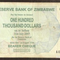 Billets internationaux: ZIMBABWE. 100000 $ 2006. PICK 48 B.. Lote 314040808