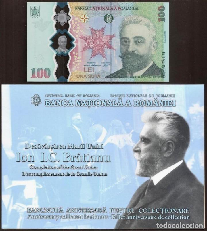 Billetes extranjeros: RUMANIA. Conmemorativo 100 lei 2019. Polimero, S/C. En estuche y sobre originales.