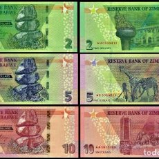 Billetes extranjeros: ZIMBABWE SET 3 PCS 2, 5 & 10 DOLLARS 2019-2020 NEW UNC. Lote 357251515