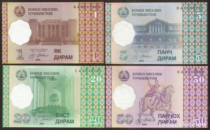 Billetes extranjeros: TAJIKISTAN. 1, 5, 20, 50 diram 1999(2000). Pick 10, 11, 12, 13. S/C.