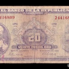 Billetes extranjeros: COLOMBIA 20 PESOS ORO 1963 PICK 392E BC F. Lote 340312568