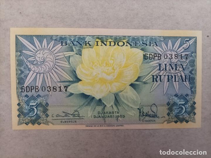 Billetes extranjeros: Billete de Indonesia de 5 Rupiah, a&ntilde;o 1959, UNC - Foto 1