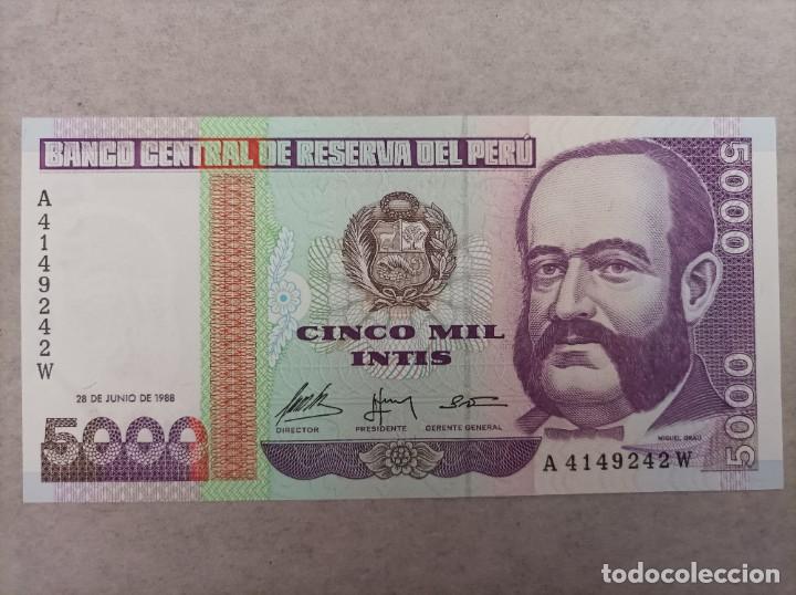Billetes extranjeros: Billete de Per&uacute; de 5000 intis, a&ntilde;o 1988, UNC - Foto 1