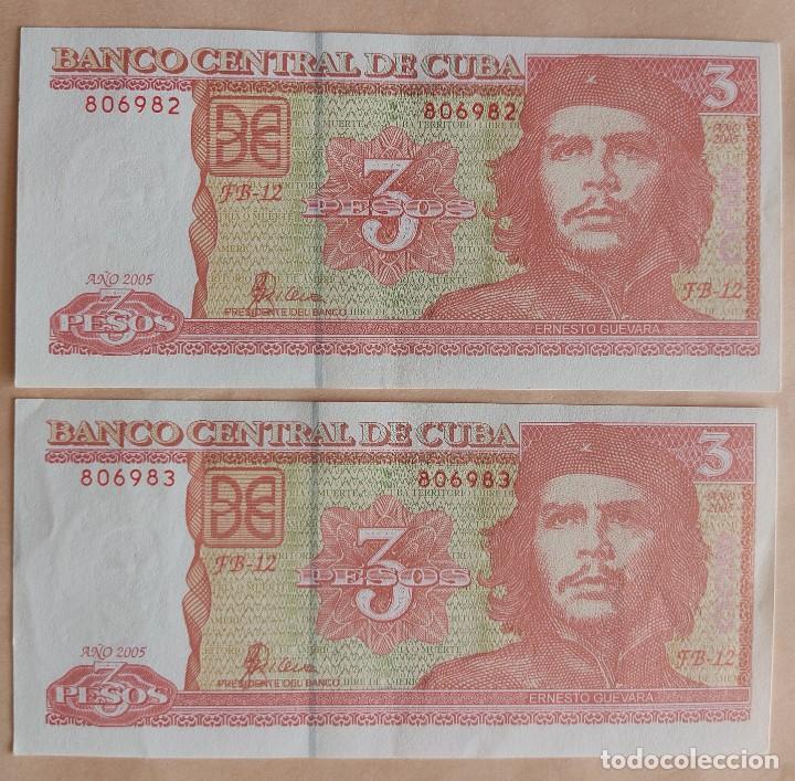 Billetes extranjeros: Cuba-3 pesos-2005-pareja consecut&iacute;va.