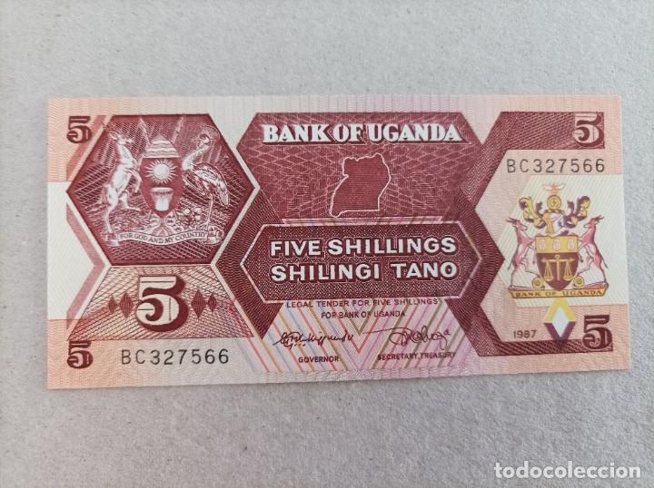 Billetes extranjeros: Billete de Uganda de 5 schilings, a&ntilde;o 1987, UNC - Foto 2
