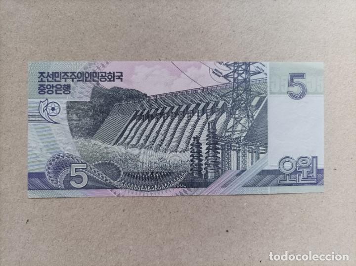 Billetes extranjeros: Billete de Corea del norte de 5 won, a&ntilde;o 2002, Uncirculated - Foto 1