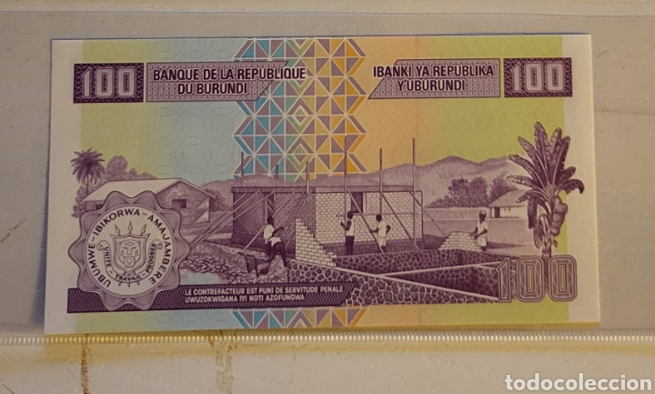 Billetes extranjeros: Billete de Burundi 2011 100 Francs UNC - Foto 2
