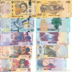Billetes extranjeros: SIERRA LEONA SET COMPLETO 1 2 5 10 20 LEONES 2022 PICK NUEVO DISEÑO **NUEVO** SC / UNC. Lote 362173730