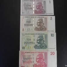 Billetes extranjeros: 1- 5- 10- 20 ONE, FIVE, TEN Y TWENTY DOLLARS DE LA RESERVE BANK OF ZIMBABWE. HARARE 2007. PLANCHA. Lote 367157321