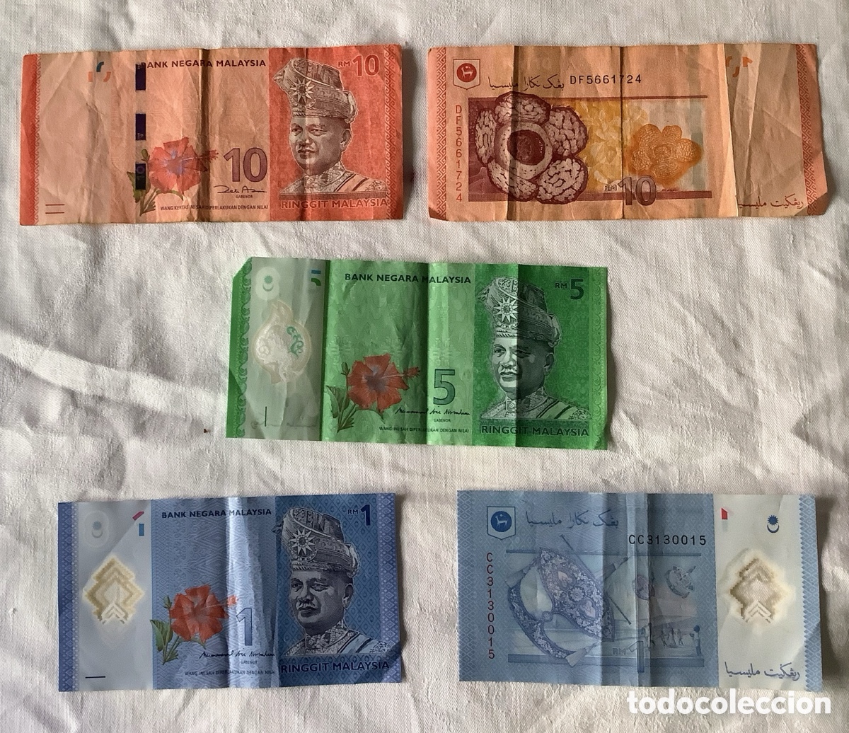 Billetes extranjeros: Lote de 5 billetes de Ringgit Malaysia: dos de 10, uno de 5 y dos de 1. - Foto 1