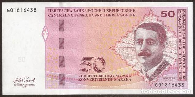 Billetes extranjeros: BOSNIA. 50 MARCOS CONVERTIBLES 2017. LETRAS CIRILICAS EN EL RENGLON SUPERIOR. S/C. I. Ducic.