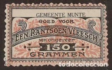 Billetes extranjeros: BELGICA. I Guerra Mundial. Municipio de Munte. Vale de racionamiento de 150 gramos de carne.