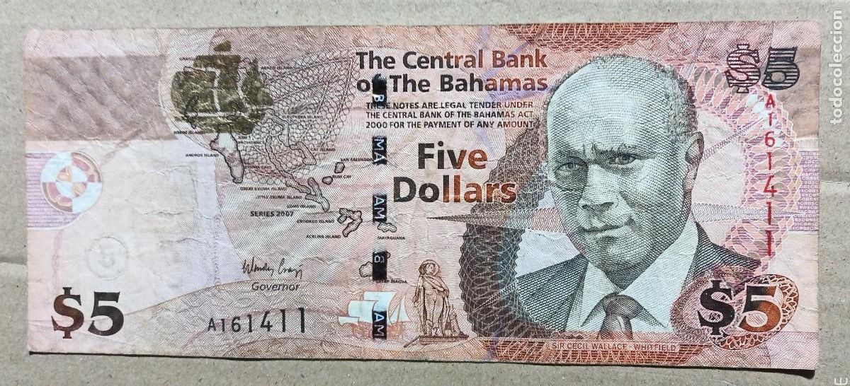 Billetes extranjeros: BAHAMAS - 5 DOLARES 2007 A161411 BC+ - Foto 1